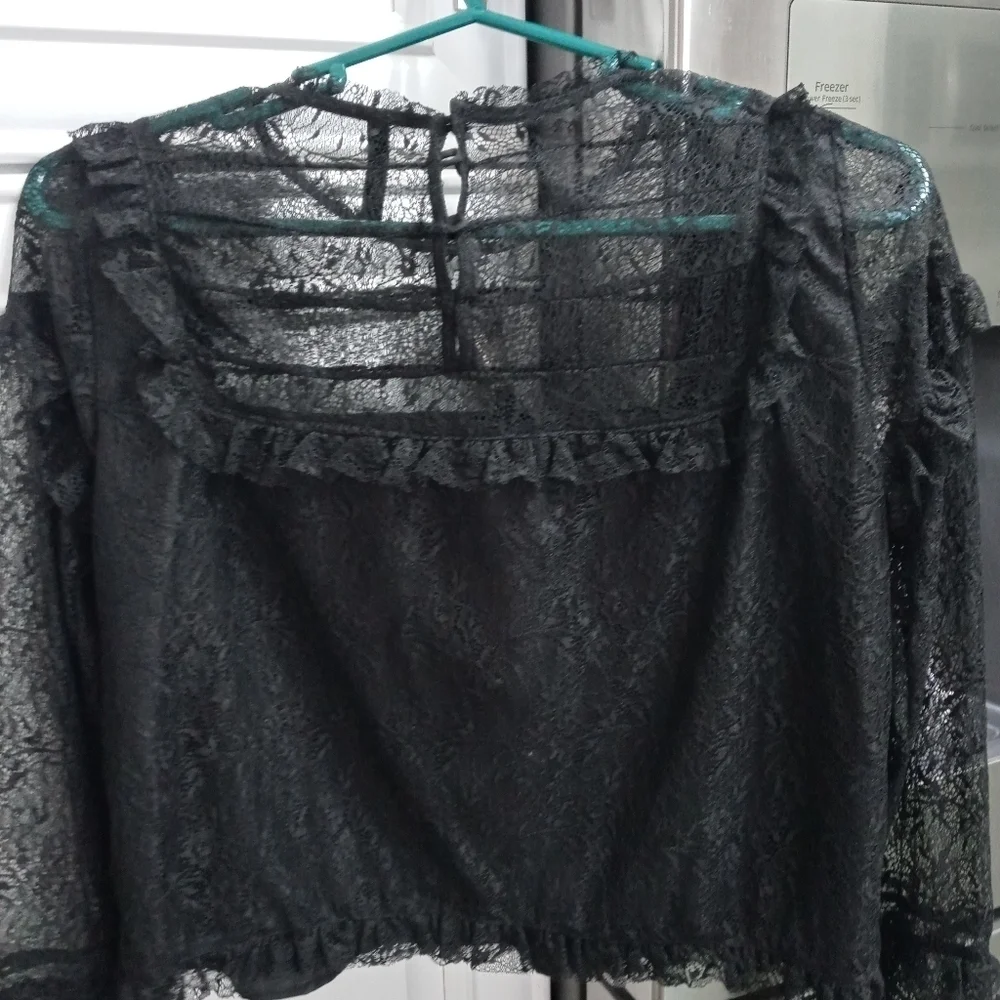 Zara Trafaluc Sheer Lace Long Sleeve Blouse Buttons in Back Of Neck